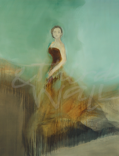 figurative transitional, seattle art, contemporary, woman, female, fashion, romance, gold, aqua